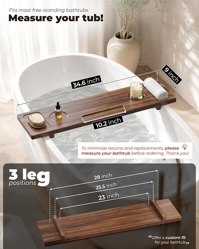 Acacia Wood Bathtub Caddy Tray 34.6" Adjustable Bath Tray for Tub | Bathtub Tray With Non-Slip Grip, Water-Resistant Wood & Stable Expandable Design Keeps Bath Essentials Secure & Within Reach