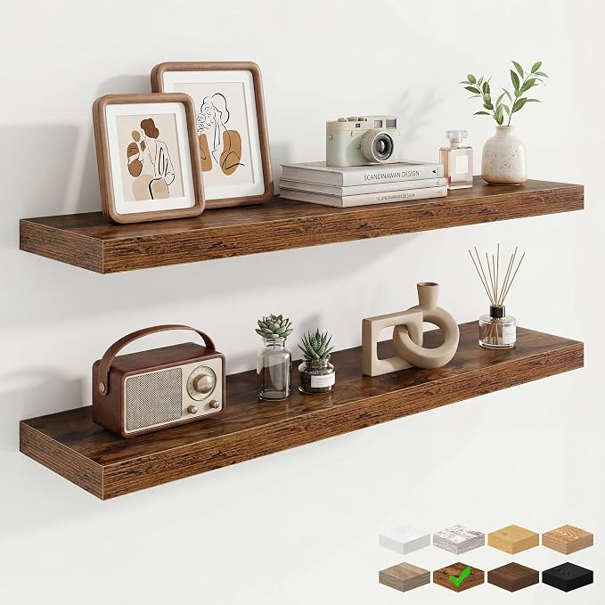 9.25in Depth 40in Floating Shelves, 40x9.25x1.4, Rustic Brown, Set of 2 | Wall Mounted Engineered Wood Shelves, Invisible Brackets for Living Room, Bedroom, Bathroom, Kitchen Decor and Storage