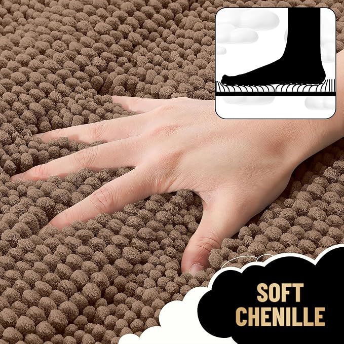 OLANLY Thick Bathroom Rugs 30x20, Soft Chenille Striped Bath Rugs, Mocha | Rubber Backing, Machine Wash, Extra Absorbent Bath Mats for Bathroom Floor, Tub and Shower, Home Decor Accessories