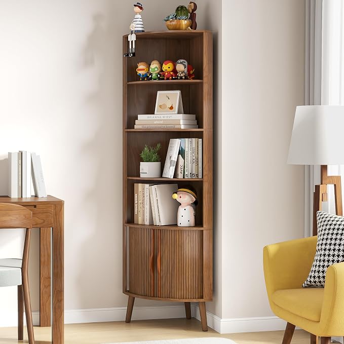 66'' Tall Corner Bookshelf with 2 Fluted Sliding Doors,Walnut | 5-Tier Corner Shelf, 5 Shelf Bookcase,Mid-Century Modern,Freestanding Display Storage Organizer for Living Room,Office