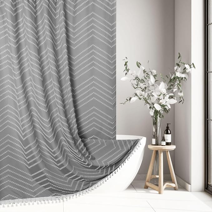 Siiluminisoy Boho Shower Curtain with Tassel Woven Fabric Grey Shower Curtain 72 x 72 Modern Farmhouse Textured Tufted Chevron Striped Minimalist Bathroom Shower Curtain Set with Hooks
