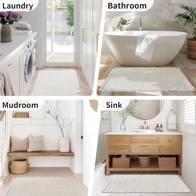 White Bathroom Rugs, Waffle Bath Mat Non Slip Washable, 20" x 32" | Super Absorbent Quick Dry Bath Mat, Small Boho Bathroom Mats, Soft Waffle Weave Farmhouse Bathroom Decor for Shower or Tub