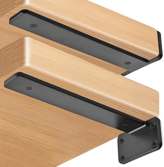6 Pack - 16 inch Black Hidden L Shelf Bracket (1/5 Inch Thicked) Iron Floating Shelf Brackets Rustic Industrial Metal Brackets for Shelf Support