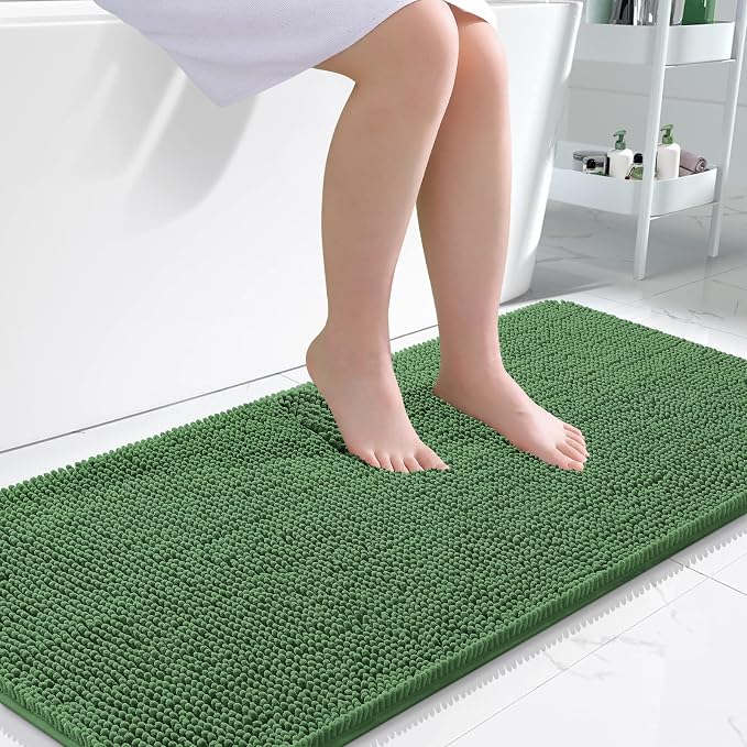 OLANLY Large Bathroom Rugs 50x30, Extra Soft Absorbent Chenille Bath Rugs | Olive Green, Quick-Drying Rubber Backing, Washable Bath Mat for Bathroom Floor, Tub and Shower, Home Decor Accessories