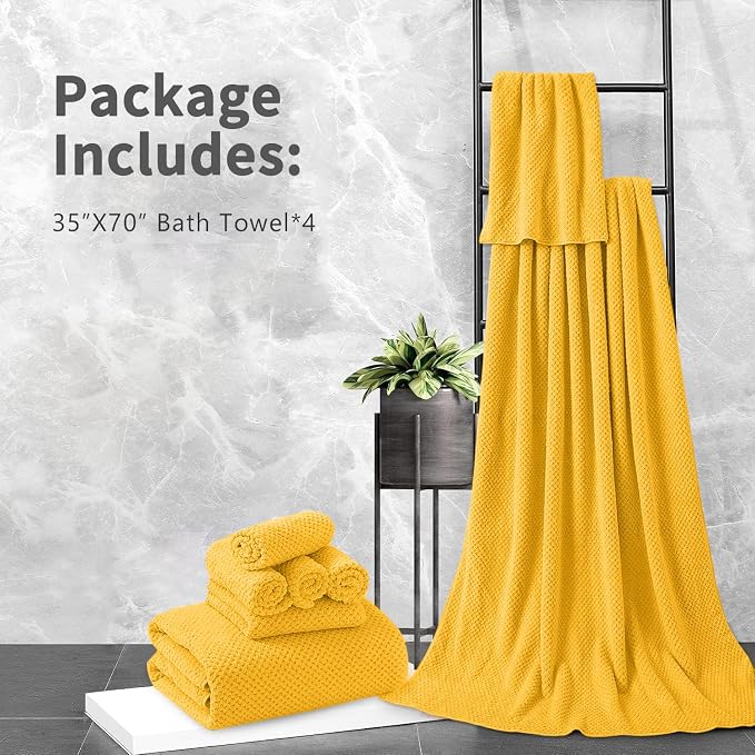Extra Large Bath Towel Set of 4 (35"x70"),Oversized Bath Sheet Super Soft Highly Absorbent Jumbo Bathroom Towel Set Microfibers Quick Dry Shower Towel for Hotel,Bathroom,Guest,Spa,Gym (Yellow)