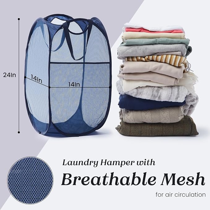 Collapsible Mesh Laundry Basket with Side Pocket & Sturdy Handles | 60L, breathable and quick-drying, pops up instantly, easy carrying for bathroom, laundry room, dorm, and RV travel