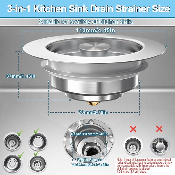 Sink Drain Strainer 3 in 1, 304 Stainless Steel Pop Up Kitchen Sink Stopper with Anti-Clogging Basket, Kitchen Essential Drain Anti-Clog Gadgets, Fits US Standard 3-1/2'' Sink Drain (Silver, 2 Pack)