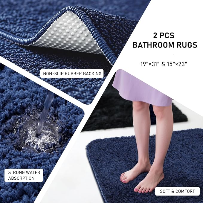 XLHOMO Bathroom Sets with Shower Curtain and Rugs Bathroom Accessories Set Navy Blue Bathroom Set,Soap Dispenser & Toilet Brush Holder Set with Stainless Steel Trash Can