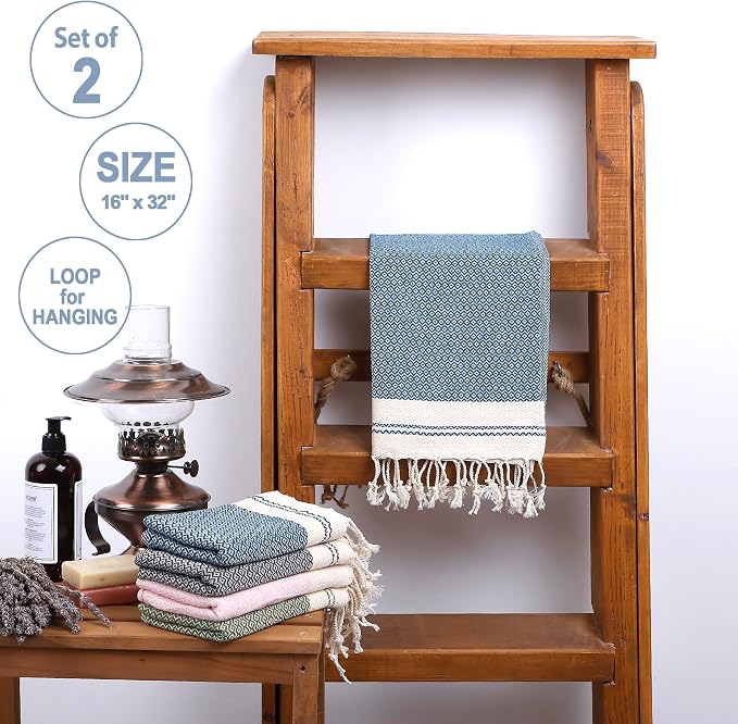 Evelynen Turkish Hand Towels for Bathroom & Kitchen Towels Decorative Set of 2 | Boho Farmhouse Hand Towels with Hanging Loops for Face, Dish, Kitchen & Bath |(16" x 32" - Teal)