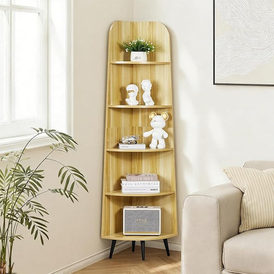VECELO Large Tall Corner Shelf, 66.93" H 5-Tier Corner Storage Organizer, Freestanding Corner Display Rack for Living Room Bedroom Home Office, Natuarl Wood