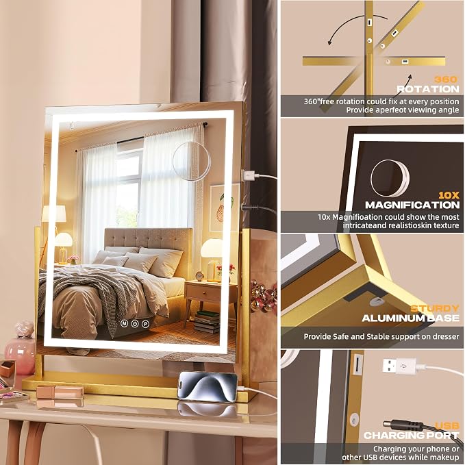 Hasipu Vanity Mirror with Lights, 17" x 22" LED Makeup Mirror with Smart Touch 3 Color Modes and Brightness Adjustment, 10X Magnifying,360° Rotation(Gold)