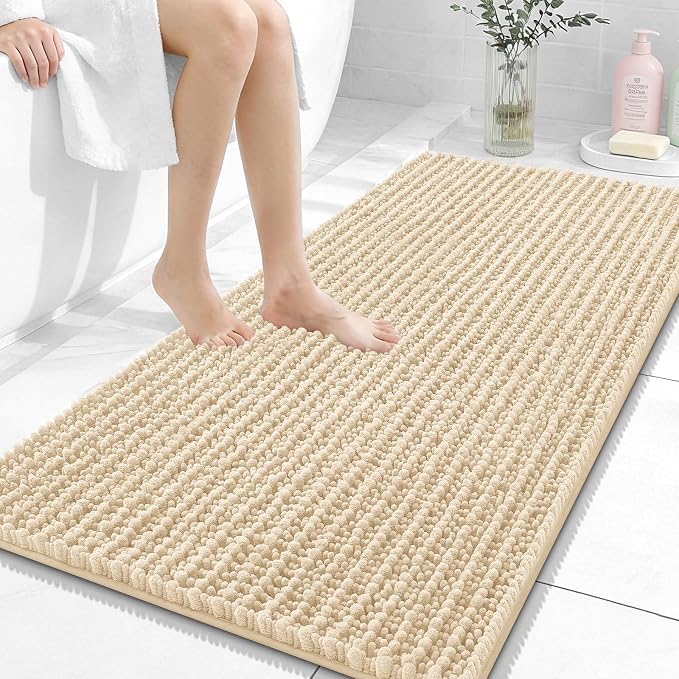 OLANLY Bathroom Runner Rugs 47x24, Thick Soft Absorbent Chenille Bath Rugs | Beige, Quick-Drying Rubber Backing, Long Shaggy Bath Mat, Machine Washable for Floor, Tub and Shower, Home Decor Accessories