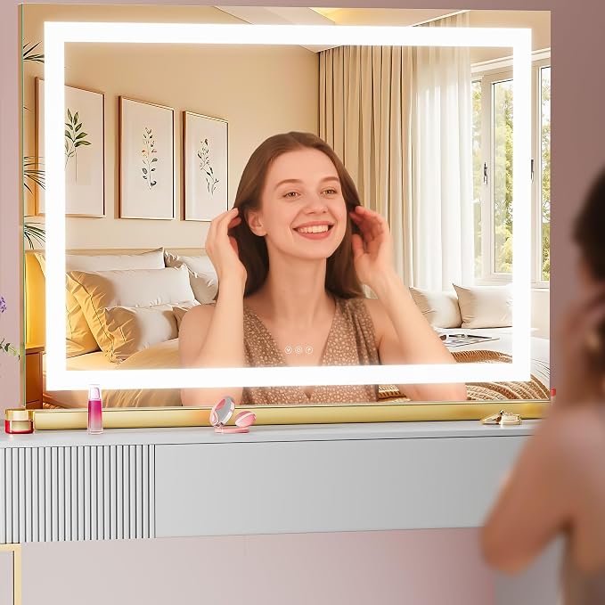 Vanity Mirror with Lights, 28" x 20" LED Makeup Mirror with 10X Magnification, Dimmable 3 Modes, Memory Function, Smart Touch, USB Charging Port, Lighted Makeup Mirror Square Glod