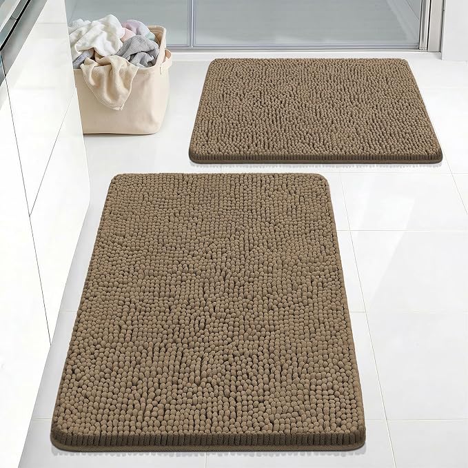 Bcoimo Bath Rugs Mat Set,2 Piece Non Slip Chenille Latte Bathroom Mat Sets | Extra Soft Bathroom Rug set;Non Slip with Rubber Backing Microfiber Mat;High Absorbent And Quick Drying mats;Machine Washable