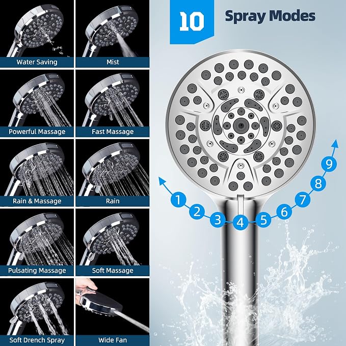 Hibbent All Metal CUPC Certified Shower Head, 10'' High Pressure Rainfall Shower Head, Handheld Showerhead Combo, 12'' Adjustable Extension Arm, 10 Sprays, 71'' Shower Hose, Showerhead Holder, Chrome