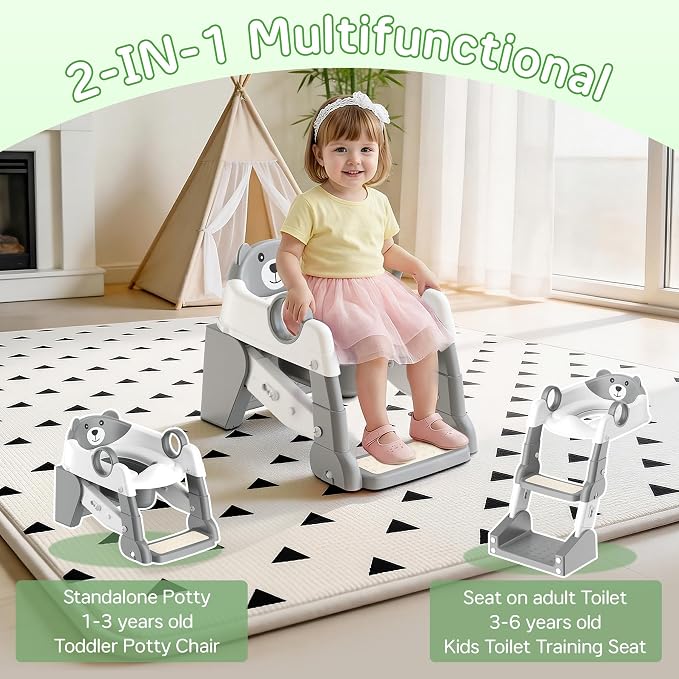 Potty Training Seat, 2-in-1 Toddler Toilet Training Seat & Potty Chair for Kids Boys Girls, Height Adjustable Toilet Seat with Splash Guard, Stable Wide Base Design, Anti-Slip Steps Stool