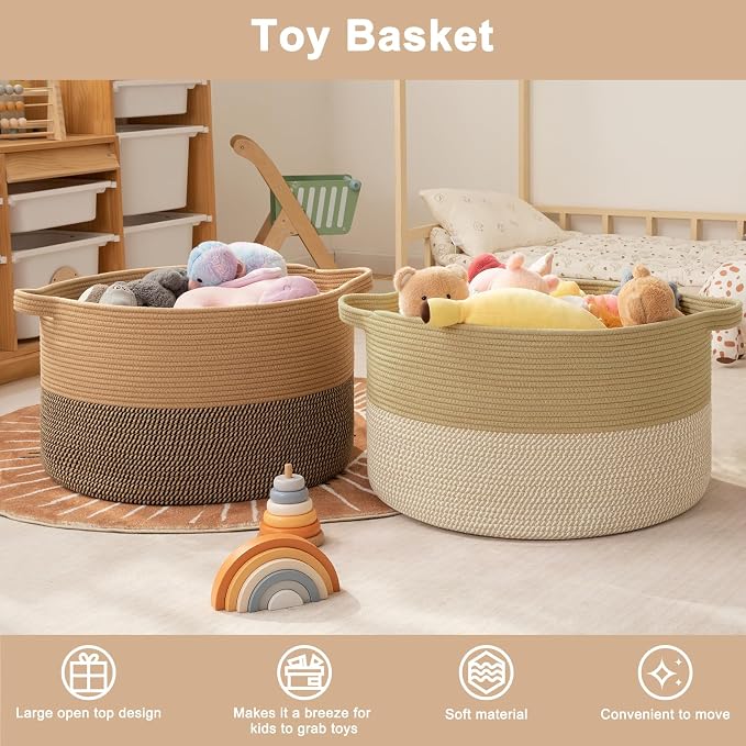 OIAHOMY 90L XXXLarge Blanket Basket for Living Room, 21.7" x 13.8" Woven Cotton Rope Laundry Basket for Organizing Pillows, Decorative Stuffed Animal Toy Storage for Nursery, Jute and Black