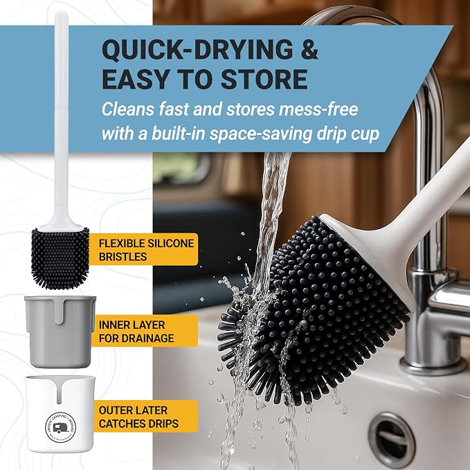 Unique Silicone RV Toilet Brush with Compact Holder | Non-scratch silicone bristles for RV toilet bowl cleaning; wall-mount no-drip holder saves camper bathroom space