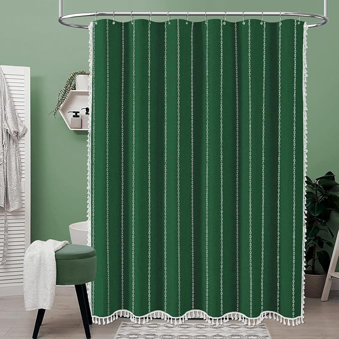 Emerald Green Boho Farmhouse Linen Heavy Duty Shower Curtain, 72x72 | 330GSM Linen Blend, Water Repellent, Vintage Striped Fabric, 12 Plastic Hooks, Rustic Country, Machine Washable, for Bathroom