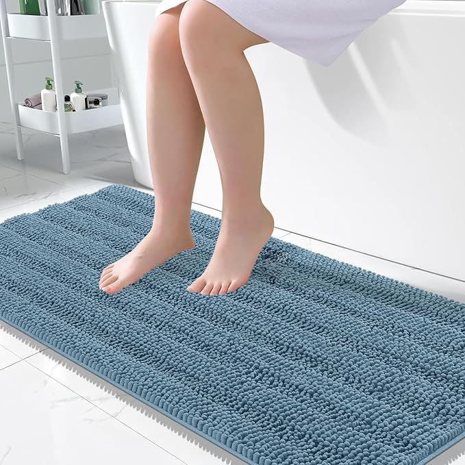 OLANLY Thick Large Bathroom Rugs 50x30, Soft Chenille Bath Rugs, Airy Blue | Absorbent Striped, Rubber Backing, Machine Wash Dry, Bath Mats for Bathroom Floor, Tub and Shower, Home Decor Accessories