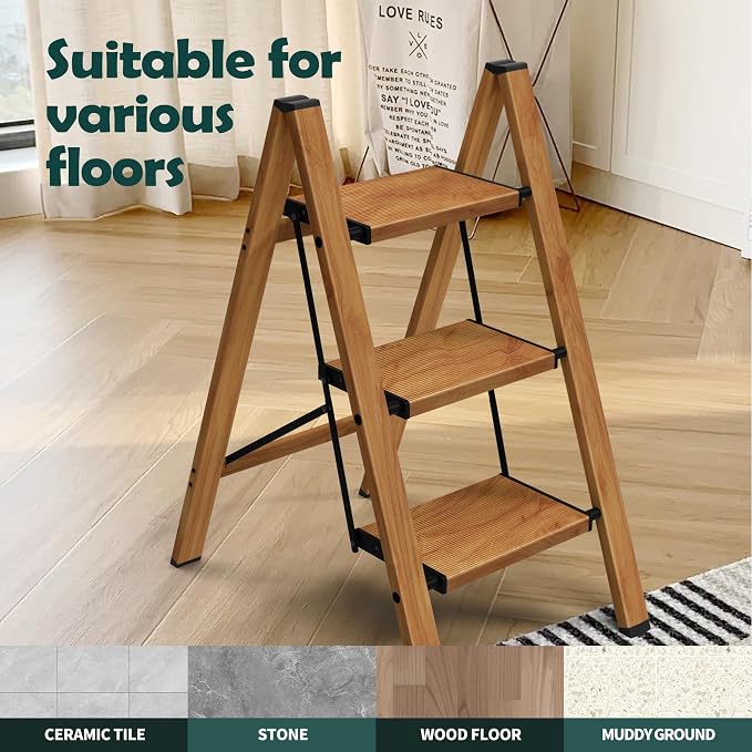 Taranta 3 Step Stool Foldable,Aluminum Step Ladder-Woodgrain | Lightweight,Wide Anti-Slip Pedals,Folding Step Stool,330lbs Capacity Stepladder for Household,Kitchen,Office