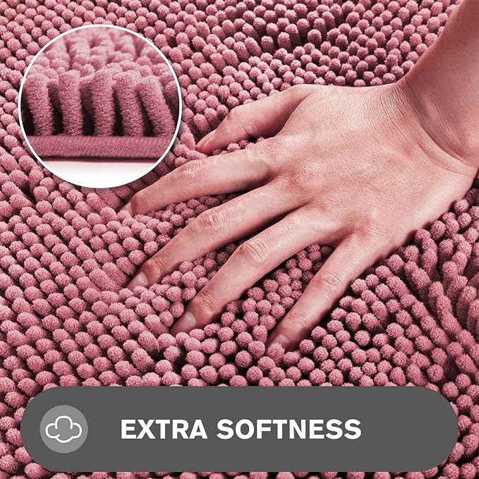 Bathroom Rugs Sets 2 Piece – Absorbent and Washable Bath Mat, Non-Slip, Thick Soft Chenille Bath Rugs for Bathroom Floor, Shower, Sink(17" x 24"+17" x 47", Dusty Rose)