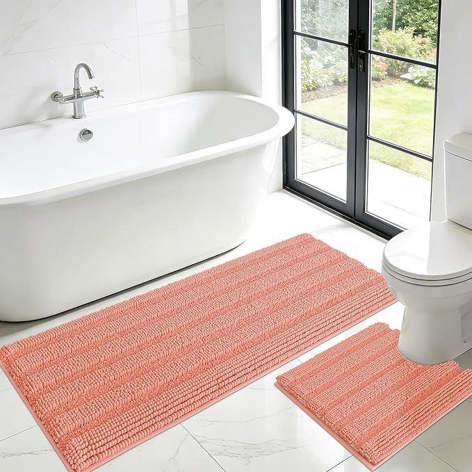 Striped Coral Toilet Bathroom Rug Mat Set 2 piece Rug Ultra Soft, Non Slip Chenille Bath Rugs, Absorbent Plush Shaggy Bath Mats for Bathroom, Bedroom, Kitchen, Shower, Tub