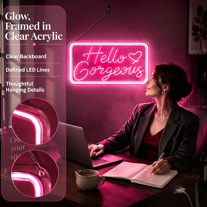 "Hello Gorgeous" Pink LED Neon Sign – Dimmable Motion Sensor Light Up Signs for Wall Decor,USB Powered Acrylic Neon Signs for Bedroom, Girls Room, 16.5"x9", Pink Light