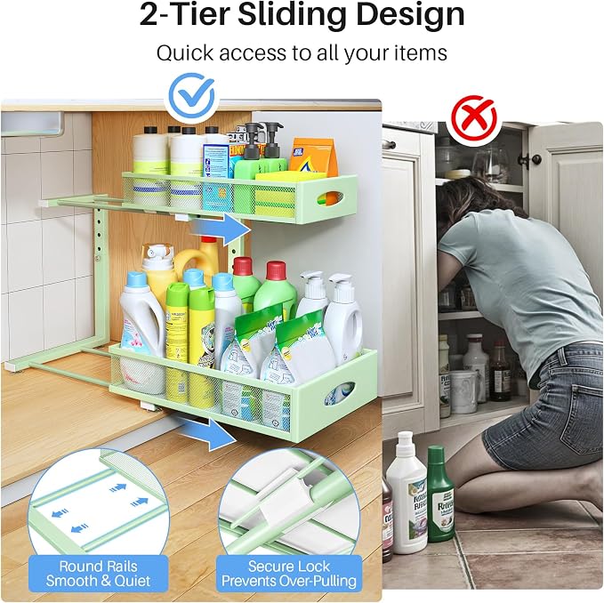 Under Sink Organizer, 2 Pack 2 Tier Pull Out Under Cabinet Organizer Shelf with Pad for Framed Cabinets, Metal Slide Out Under Sink Storage, Mesh Sliding Drawers for Kitchen Bathroom Laundry, Green