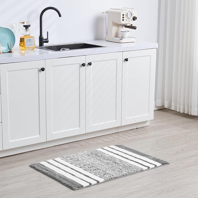 CozeCube Grey Striped 24"x16" Non Slip Washable Bath Mat | For Bathroom, Fluffy Absorbent Microfiber Bath Mats Machine Wash, Stylish Small Aesthetic Bathroom Rugs