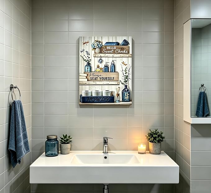 XcwDt is Blue Bottle Bathroom Canvas Wall Art,Rustic Blue Funny Quotes Painting Print,Vintage Dragonfly Floral Toilet Wall Decor,for Living Room Bedroom Laundry Room Home Decoration 16 x 24 In