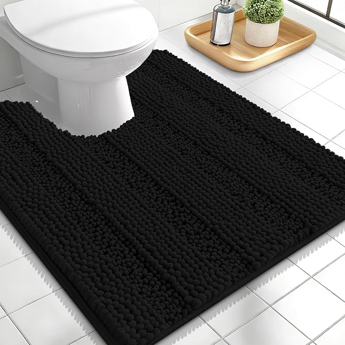 OLANLY Thick Toilet Rugs U-Shaped 24x20, Soft Chenille Bath Mat, Black | Extra Absorbent Striped Contour Bathroom Rugs for Toilet, Dry Quickly, Machine Washable, Non-Slip