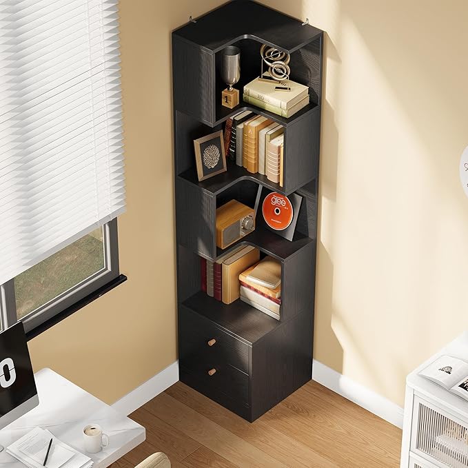 IRONCK Corner Bookshelf, 70.87" Tall Corner Bookcase with Drawers, Black | 90° design saves space. 110 lb capacity. Corner Shelf Storage Display Rack for Living Room Home Office