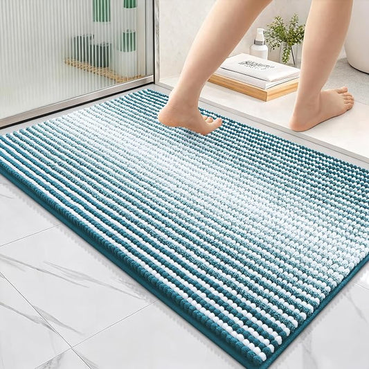 OLANLY Bathroom Rugs 36x24, Soft Chenille Striped Bath Rugs, Peacock Blue | Extra Absorbent, Rubber Backing, Machine Wash Dry, Bath Mats for Bathroom Floor, Tub and Shower, Home Decor Accessories
