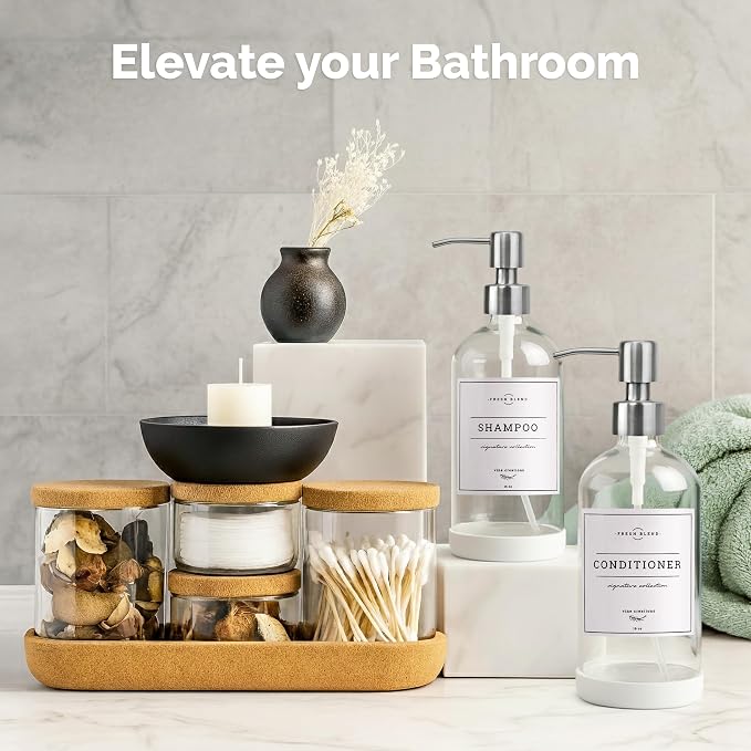 Vine Creations Clear Glass Soap Dispenser, 2 Pack Kitchen Soap Dispenser Set with Stainless Steel Pump, 16 oz Hand Soap or Dish Soap for Bathroom or Kitchen with Waterproof Labels