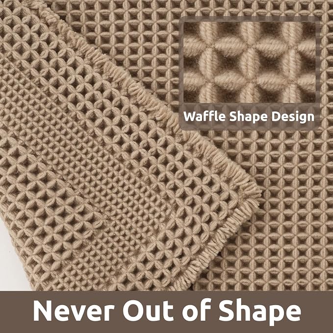 AMOAMI Waffle Bath-Mat, 24"x36" Super Absorbent Bath Mats for Bathroom Non Slip, Machine Washable Bathroom Rugs with Tassels Ultra Soft Boho Bath Rugs for Floor Beige