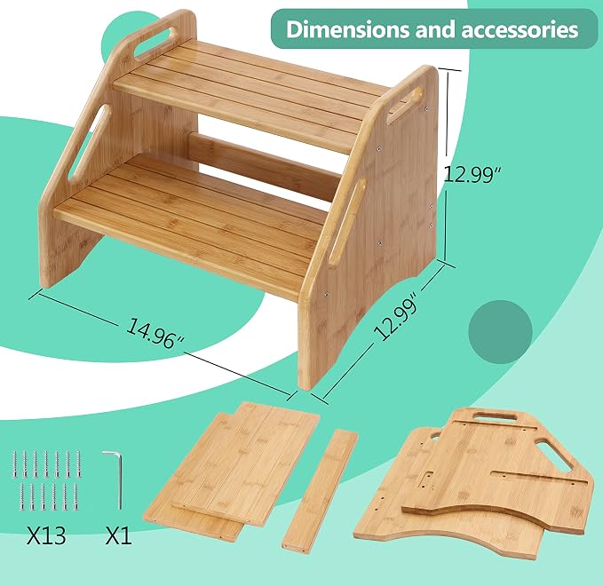 AMBIRD Wooden Step Stool, Two Step Stools Toddler 300 lbs Capacity with Safety Non-Slip Pads and Handles, Bamboo Step Stool for Bathroom, Kitchen Dual Height Step Stools for Kids (Natural)