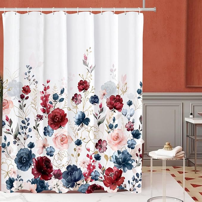 Tititex Aesthetic Navy Red Pink Rose Floral Shower Curtain Sets, Watercolor Gold Flowers Leaves Bathroom Decorative 71x71 Inch Polyester Waterproof Fabric Bath Curtain with Hooks