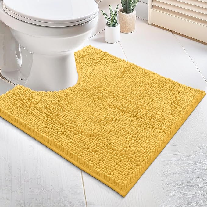 LuxUrux U-Shaped Toilet Bath Mat – Absorbent & Non-Slip Contoured Rug for Toilet Base, Plush Chenille, Machine Washable (20 x 20 inch, Yellow)