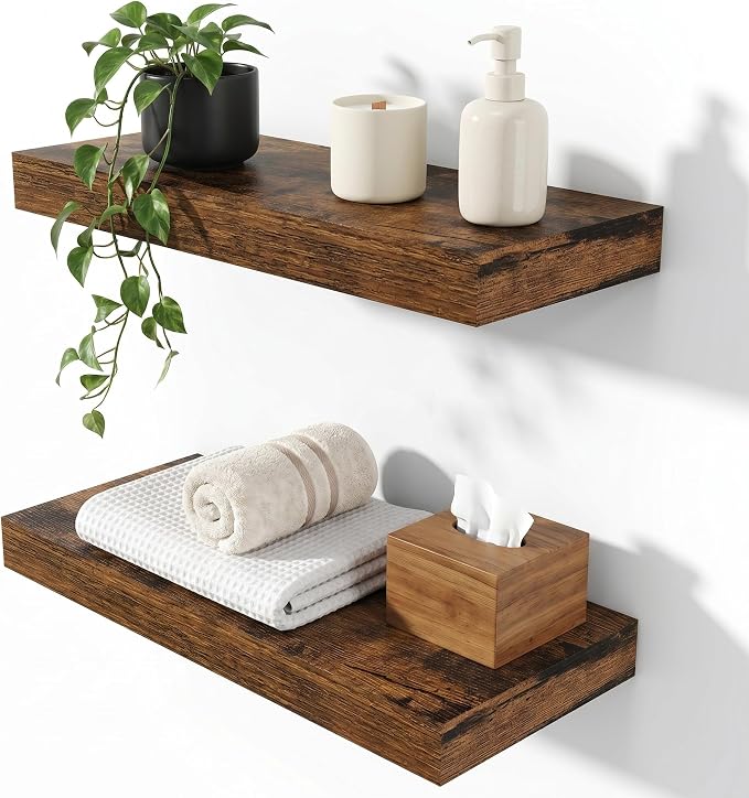 Heimlove 16 Inch Floating Shelves for Wall Set of 2, Rustic Brown Wall Mounted Wood Shelves 8 Inch Deep with Invisible Brackets for Bedroom Kitchen Living Room
