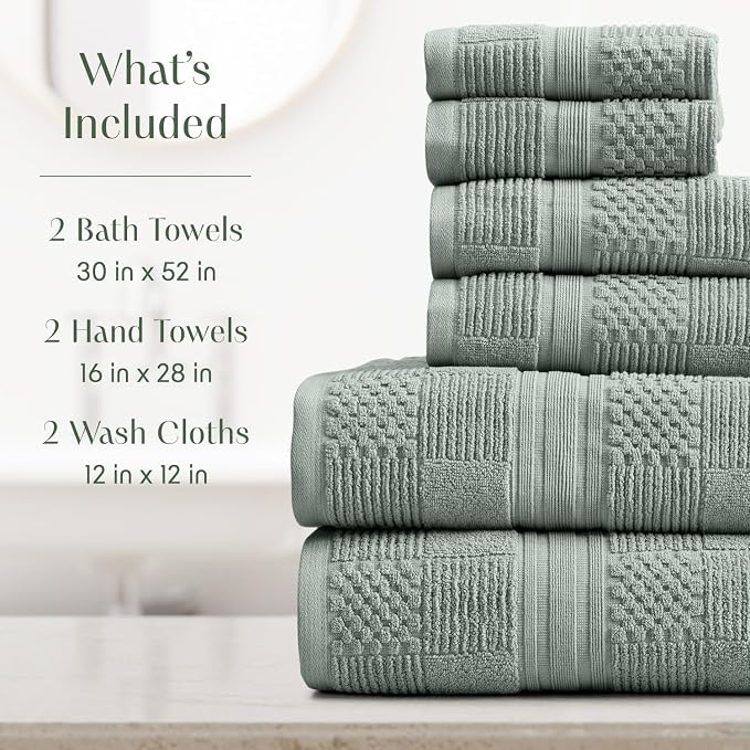 100% Cotton Bath Towel Set | 6-Piece Set | Eucalyptus | Luxury Geometric Design | Absorbent & Quick-Dry Bathroom Towels | Textured and Durable Cotton Towels for Bathroom | OEKO-TEX