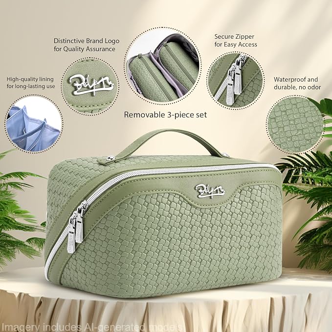 BOYATU Travel Makeup Bag Cosmetic Bags for Women: 3 Pcs Set Make up Bag | Large Capacity Waterproof Vegan Leather Organizer Bags with Compartments - Lay flat Toiletry with Handle (L51Grass Green)