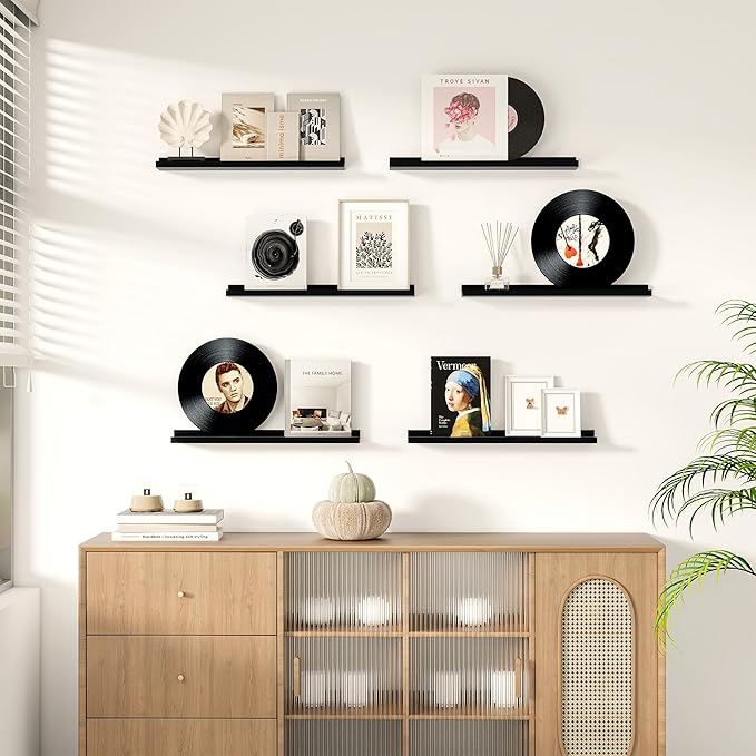 Fun Memories Floating Picture Ledge Shelves Set of 2, 16 Inch Solid Wood Wall Shelves with Lip, Large Nursery Book Shelf for Toys Storage, Kids Bookshelf, Living Room, Bedroom Decor Frames, Black