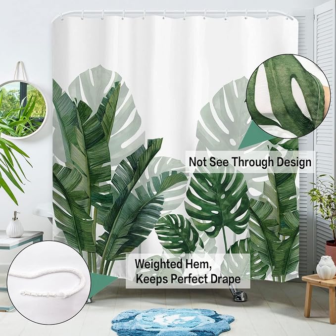 Baccessor Tropical Green Plant Shower Curtain Waterproof Washable Fabric Summer Bathroom Decor Botanical Banana Monstera Leaf Palm Tree Shower Curtain with Hooks 60 W x 72 L Inch