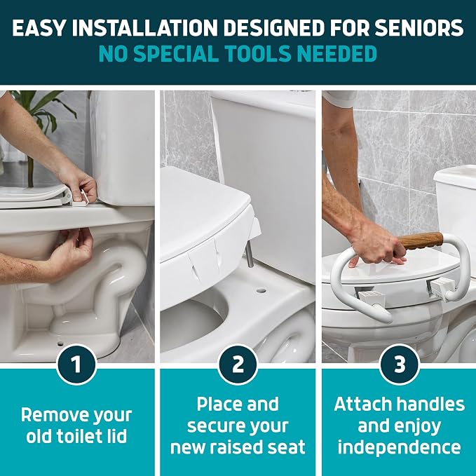 Lunderg Solva Raised Toilet Seat with Handles - Round - Adds 3 Inches | Easy to Install Toilet Seat Risers for Seniors - Elegant White Design & Works like the one you always use - No Hospital Vibe