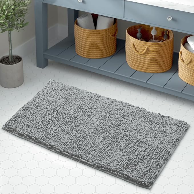 LuxUrux Chenille Bath Mat – Bath Rug 30”x20”, Soft Plush and Absorbent Microfiber Bathroom Floor Mat, Non-Slip, Quick Dry, Machine Washable Rug for Shower or Tub, Light Grey