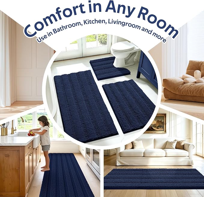 Striped Navy Blue Bathroom Rug Mat Set 2 piece 24"x17"+48"x20" Ultra Soft, Non Slip Chenille Bath Rugs, Absorbent Plush Shaggy Bath Mats for Bathroom, Bedroom, Kitchen, Shower, Tub