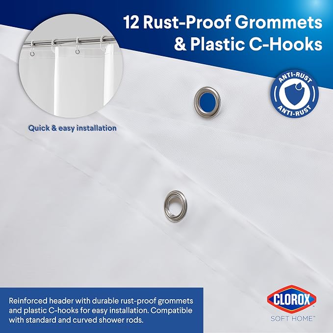 Clorox Shower Curtain Liner & Hooks, Premium Lightweight Flexible Waterproof 4g PEVA for Bathroom with Weighted Magnets, Standard Size 70" x 72", White 1 Pack