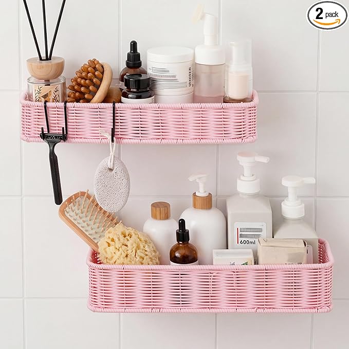 GRANNY SAYS Shower Caddy Hanging, Pink Shower Shelves for Inside Showers | Wicker Adhesive Shelves for Bathroom Organizers and Storage, Bathroom Shelves Wall Mounted with 4 Hooks for Decor, 2 Pack