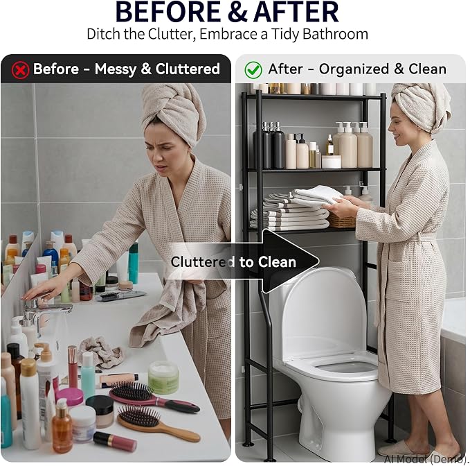 3-Tier Over The Toilet Storage, Freestanding Metal Bathroom Shelves, Space Saver Above The Over Toilet Storage Shelf for Bathroom (Black)